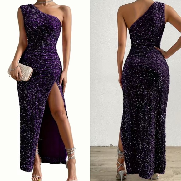 Luxe blue one shoulder slit thigh party formal evening sequins dress - Picture 14 of 16